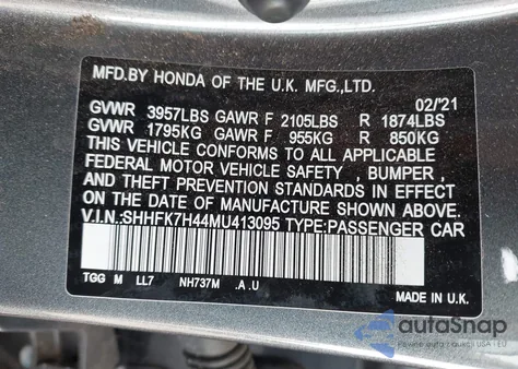 2021 Honda Civic Sport из США, поврежденный, VIN SHHFK7H44MU413095